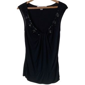DIANE VON FURSTENBERG Black Beaded Sequin Sleeveless Top Size Large Micro Modal